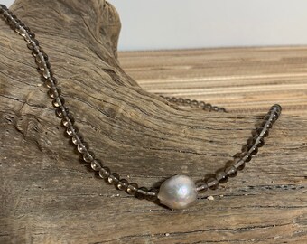Smoky Quartz Beaded Choker with Grey Baroque Pearl