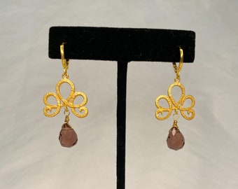 Amethyst Briolette Dangle Earrings, Gold-Plated Flower Accent Piece