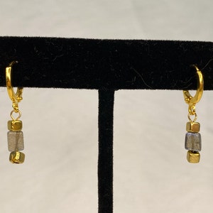 Labradorite Rectangular Drop Earrings with Gold Accent Beads, Gold Dangle Earrings