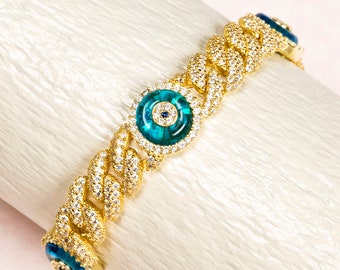 miami cuban link chain bracelet with evil eyegold curb link chain bracelet with greek eye