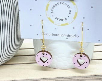 Heart earrings/pale pink with tiny black spots /laser cut out heart /hand painted/drop earrings/wooden earrings