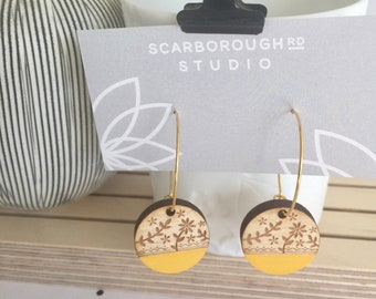 yellow/etched flower/hoop earrings/wooden earrings