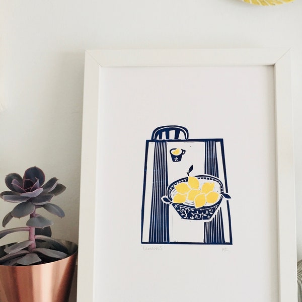 A4 Lino print still life/lemons/bowl of lemons on a table