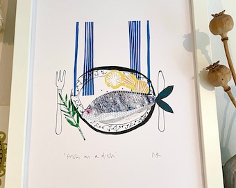 A4 print/ fish on a dish/ food print /print made of an original collage