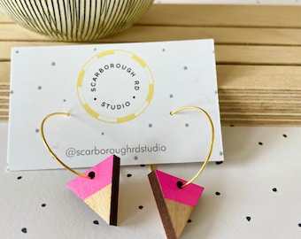 Fluorescent pink contemporary hoop earrings / triangle/ wooden earrings