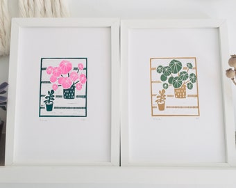 A4 still life Lino print/pilea/plants/plants on a table