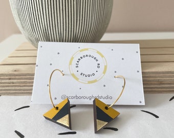 contemporary hoop earrings /navy yellow and gold /triangle/gold leaf/wooden earrings