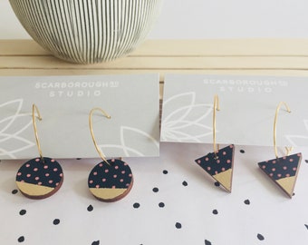 pattern hoop earrings/navy with coral spots/gold leaf/circle/triangle/gold plated hoops/wooden earrings