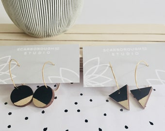 contemporary hoop earrings/black with gold/circle/triangle/gold leaf/wooden earrings