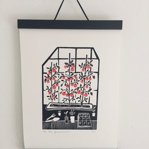 A4 Lino print/in the greenhouse/tomatoes/handprinted image 5
