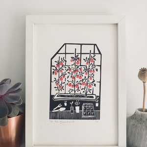 A4 Lino print/in the greenhouse/tomatoes/handprinted