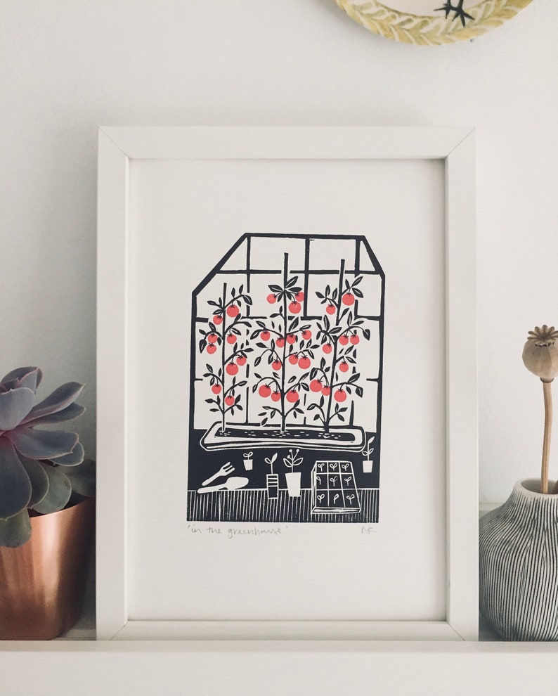 A4 Lino print/in the greenhouse/tomatoes/handprinted image 1