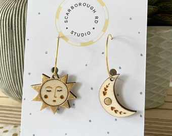 Sunshine/ wooden earrings/ sun and moon/ celestial/ hoops