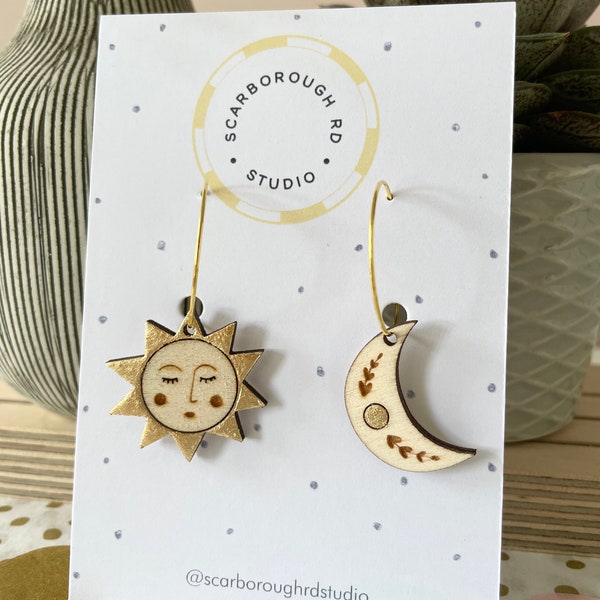 Sunshine/ wooden earrings/ sun and moon/ celestial/ hoops