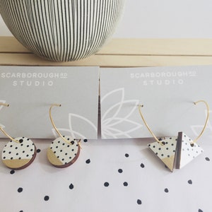 patterned hoop earrings/white with navy dots/gold leaf/circle/triangle/gold plated hoops/wooden earrings