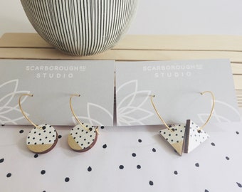 patterned hoop earrings/white with navy dots/gold leaf/circle/triangle/gold plated hoops/wooden earrings