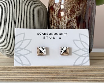 Pattern square studs/ wooden earrings/ white, black and gold