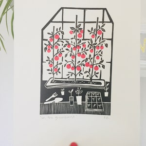 A4 Lino print/in the greenhouse/tomatoes/handprinted image 6