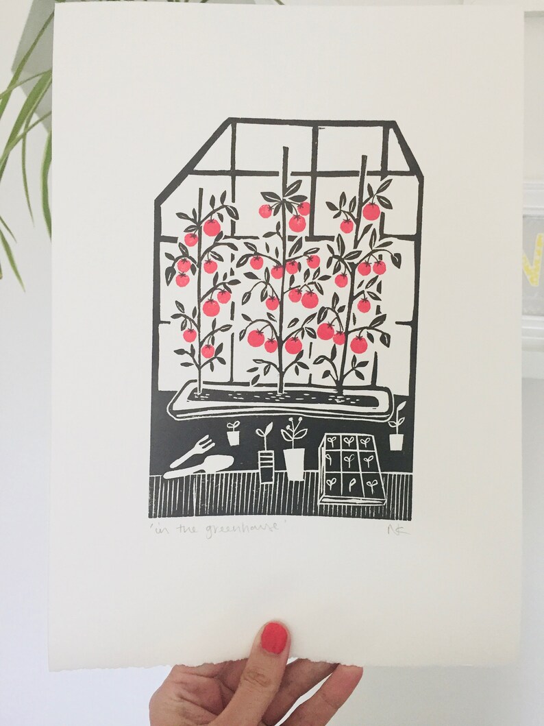 A4 Lino print/in the greenhouse/tomatoes/handprinted image 6