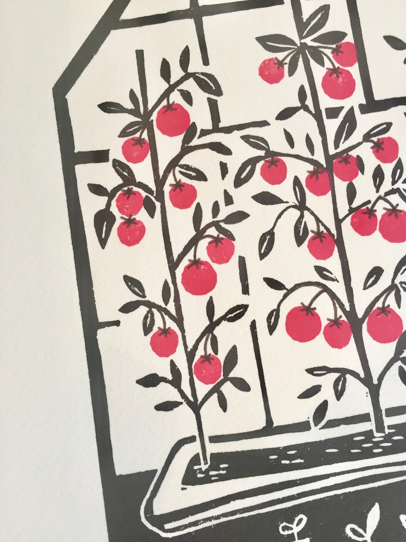 A4 Lino print/in the greenhouse/tomatoes/handprinted image 4