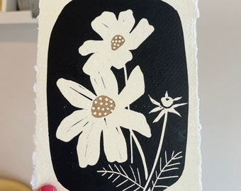 A6 Cosmos Lino print/ botanical print/ black and gold/ hand printed