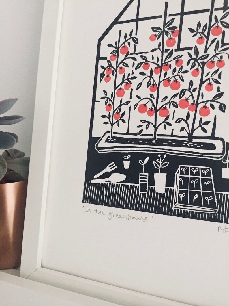 A4 Lino print/in the greenhouse/tomatoes/handprinted image 3