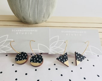 Pattern hoop earrings/black with white spots/gold leaf/circle/triangle/gold plated hoops/wooden earrings