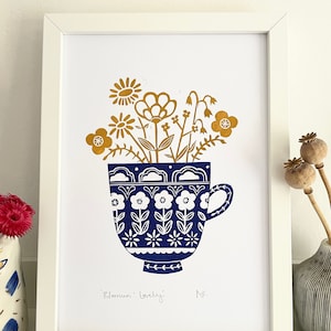 A4 still life Lino print/flowers in a teacup/floral/two colour print