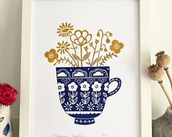 A4 still life Lino print/flowers in a teacup/floral/two colour print