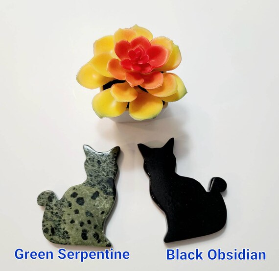 Cat Carving, Green Serpentine, Black Obsidian, Cat Lover