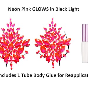 Wiederverwendbare Hot Pink Neon GLOW In Schwarz Light Strass Pasties w / Körperkleber für die erneute Anwendung