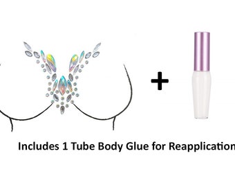 Reusable Chest & Neck Rhinestone Body Stickers w/ Body Glue for Reapplication