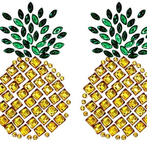 Pineapple Sexy Rhinestone Pasties Nipple Covers Breast Adhesive Reusable - Body Stickers, Lifestyle, Crystal, Rave, Rally, Costume, Lingerie