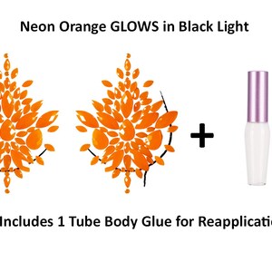 Reusable Orange Neon GLOW In Black Light Rhinestone Pasties w/ Body Glue for Reapplication