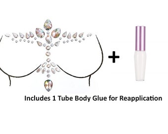 Reusable Chest & Neck Rhinestone Body Stickers w/ Body Glue for Reapplication