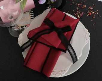 Red and Bold Velvet Black Trim Napkins – Striking Modern Linens for Noir Inspired Dinners