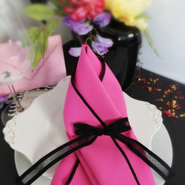 Fushcia Pink Napkins with Black Trim, Polyester, Pink and Black Napkins, Polyester, Cocktail Napkins