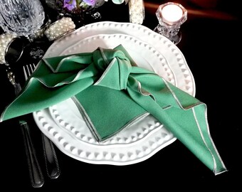 Apple Green Dinner Napkins with Silver Border, Granny Chic Decor, Retro 1960's Table Linen