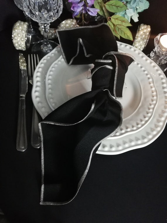 Black Polyester Napkins with Silver Satin Stitch, Elegant Wedding Table Decor, Bulk Cloth Linens