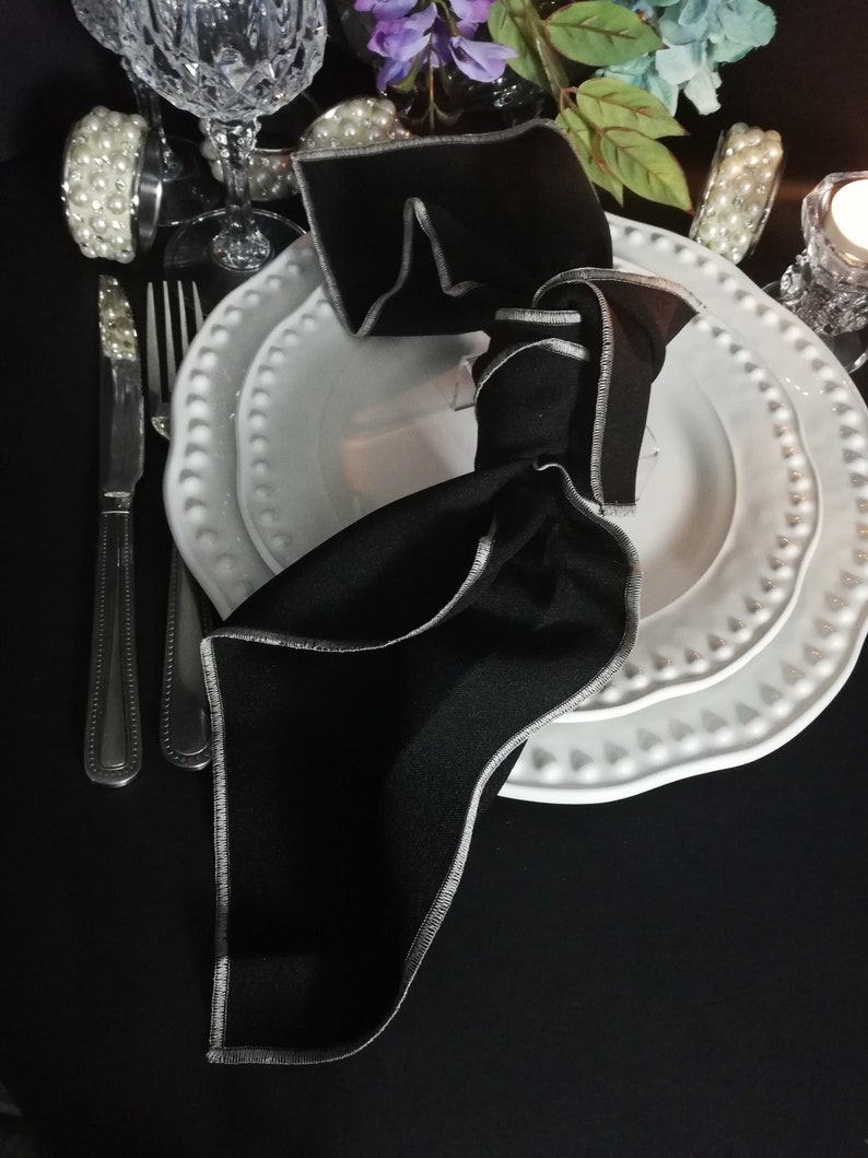 Black and Silver Napkins, Satin Stitch Modern Minimalist Luxe, Roaring 20's Look bild 1