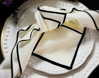 Ivory Napkins with Black Trim, Cocktail and Dinner Napkins, Polyester, Cream and Black Napkins,