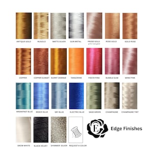 Pu&ograve; includere: Una collezione di rocchetti di filo in vari colori, tra cui Oro Antico, Argento Opaco e Rosa Fiesta. L'immagine presenta anche il testo "Edge Finishes" e un logo.