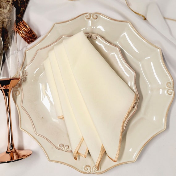 Ivory Polyester Napkin with Rose Gold Trim, Elegant Dinner or Cocktail
