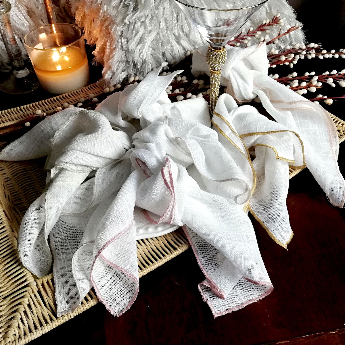 White Faux Slub Linen Napkins With Gold Trim, White and Gold Polyester Napkins, Vintage, Boho Themed Napkins - Etsy