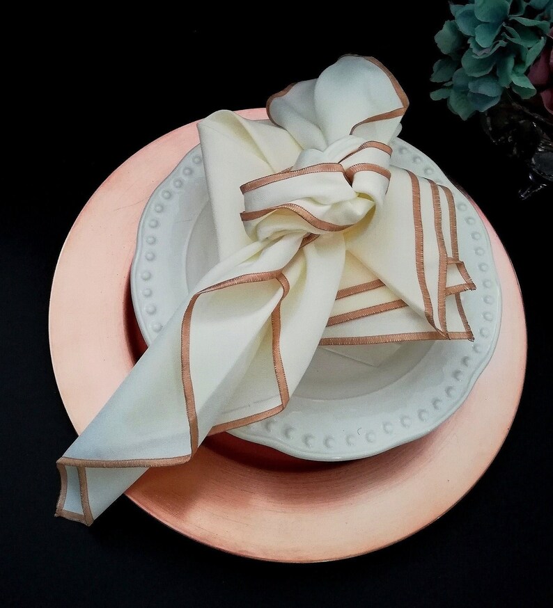 Ivory Napkin with Rose Gold, Satin Stitch Trim, Quiet Luxury, Modern Vintage Rose Gold