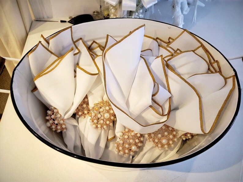 White and Gold Polyester Dinner Napkins Etsy