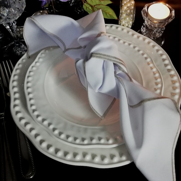 White and Matte Silver, White Polyester Dinner, Cocktail Napkins, Classic Finish