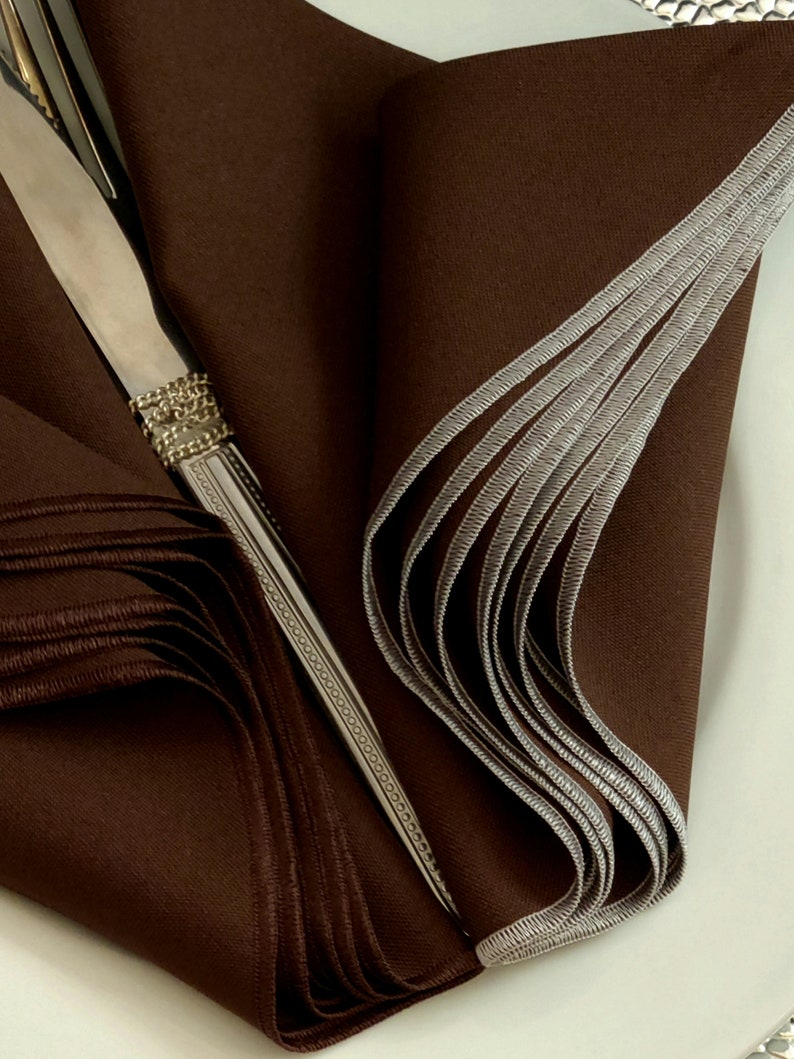 Dark Brown Cloth Napkins with Gold Border, Bulk Table Linen and Wedding Event Decor Classic Satin Finish
