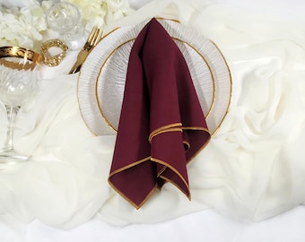 Burgundy Dinner Napkins with Gold Trim, Moody Jewel Tone Event Decor for Fall Weddings