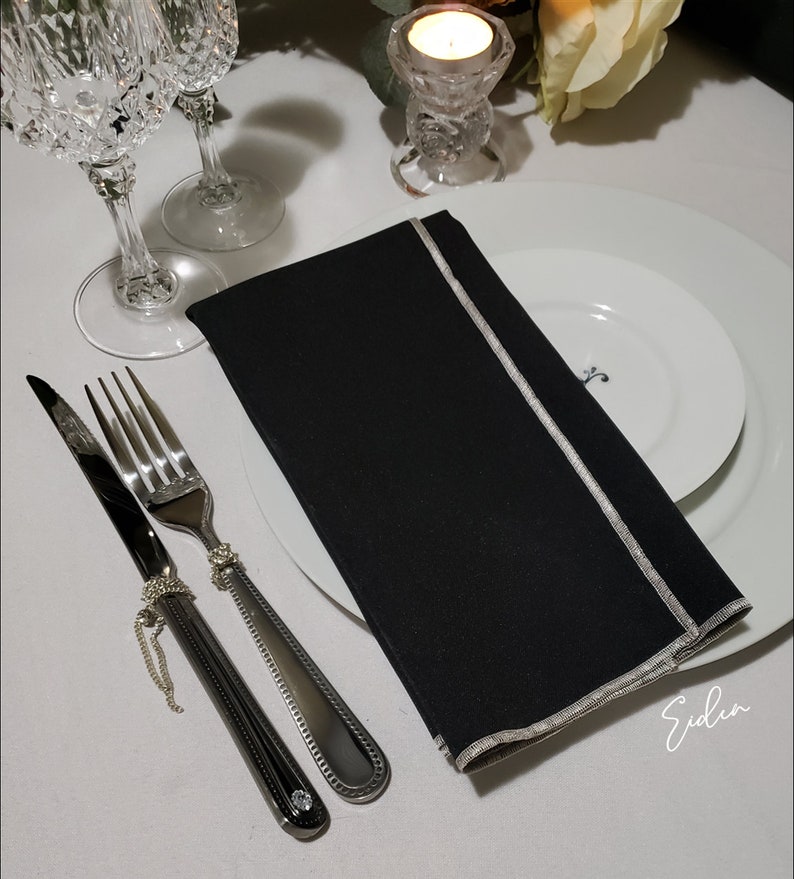Black and Silver Napkins, Satin Stitch Modern Minimalist Luxe, Roaring 20's Look bild 2